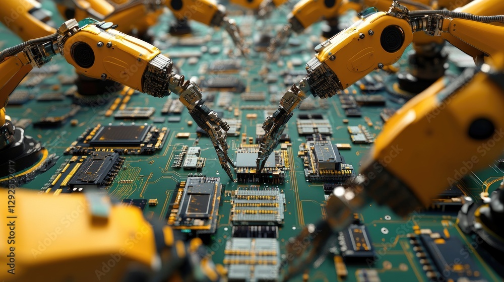 Poster an array of robotic arms working in unison, placing microchips onto circuit boards with extreme prec