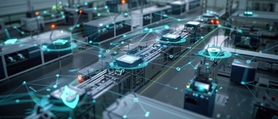 Smart factory floor a digital twin overlays muted tech tones, highlighting machine communication with floating data points and sensor networks.