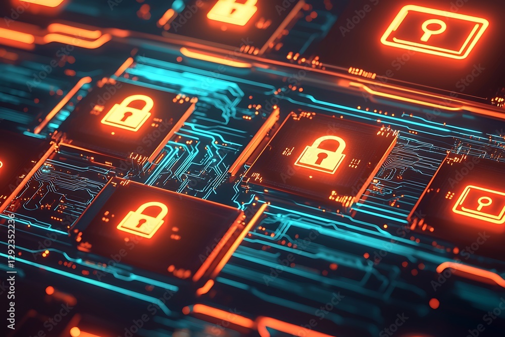 Poster the sign of lock on electronic circuit board with processor