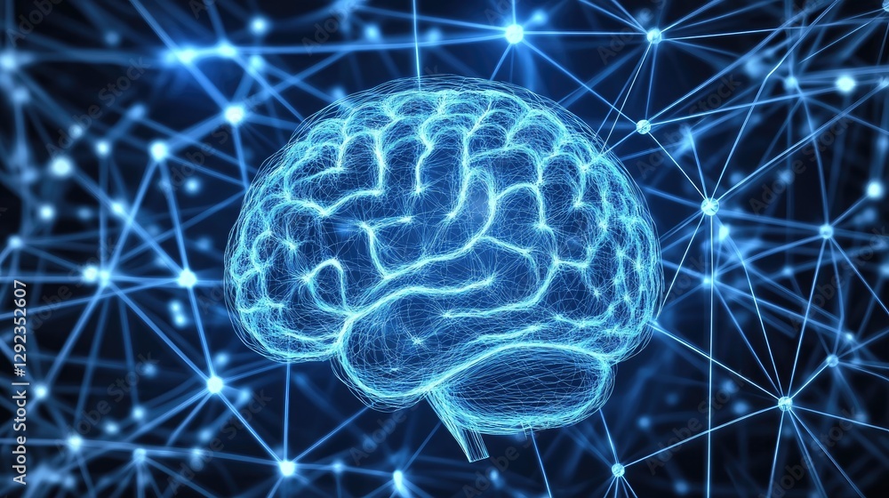 Poster artificial intelligence concept with a d-rendered brain linked to a digital network of futuristic co