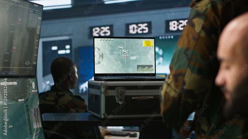 Poster air force combat control agent performing tactical level surveillance in war room using laptop. mili