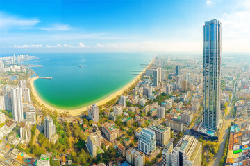Fototapeta premium A breathtaking aerial view of a coastal city with a tall skyscraper in the foreground. The vibrant beach and clear water make the scene look refreshing and perfect for a vacation.