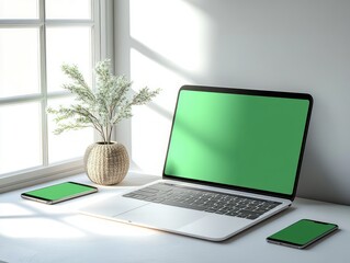 Fototapeta premium Modern Workspace Mockup with Laptop and Smartphone in Minimalist Design