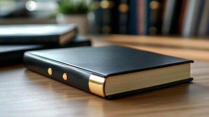 Elegant Black Notebook With Gold Accents on Wooden Table Surface