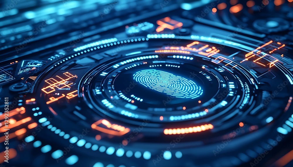 Poster a a futuristic fingerprint scanner glowing in neon blue, surrounded by encrypted data graphics.