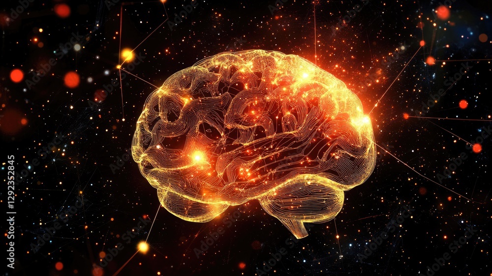 Poster artificial neural network visualization with a glowing human brain transferring data into a futurist