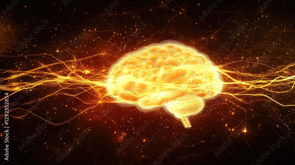 Poster artificial neural network visualization with a glowing human brain transferring data into a futurist
