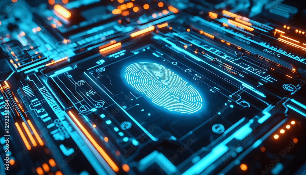 Poster a a futuristic fingerprint scanner glowing in neon blue, surrounded by encrypted data graphics.