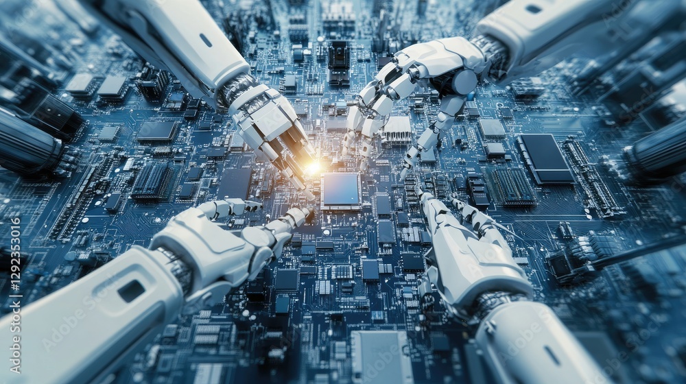 Poster automated robotic arms installing microchips onto circuit boards with extreme accuracy in a clean in