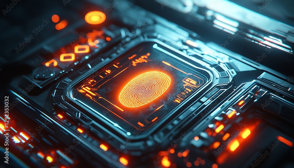 Poster a a glowing fingerprint scanner on a futuristic device, symbolizing advanced biometric security in t