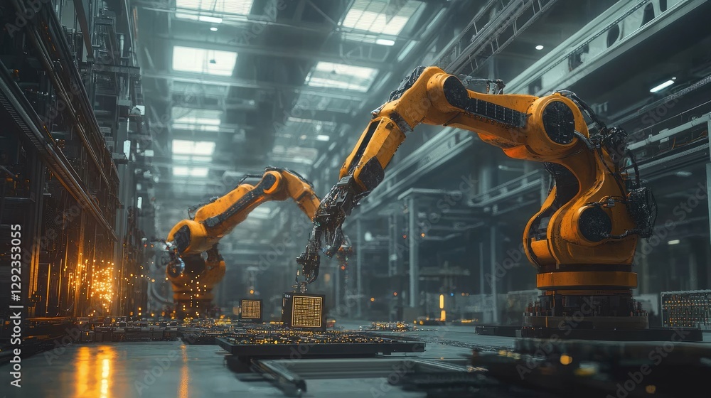 Poster automated robotic arms installing microchips onto circuit boards with extreme accuracy in a clean in