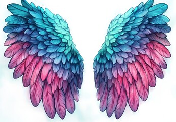 Fototapeta premium Intricate Angel Wings Watercolor Vibrant Teal Pink Ethereal Beauty Fantasy Design