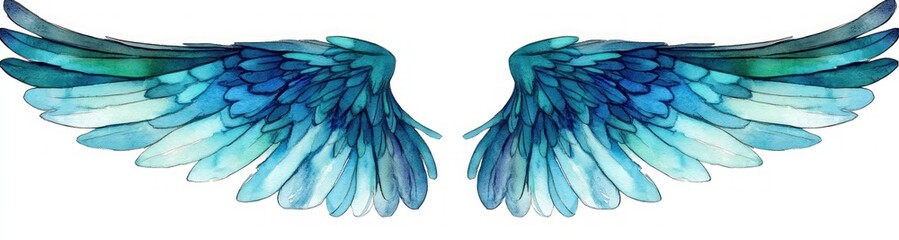 Fototapeta premium Turquoise Green Violet Wings with Intricate Feather Details in Watercolor Style