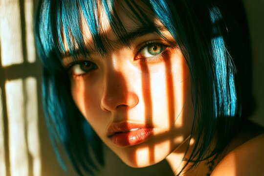 Commercial commercial concept graphic design idea art. Stunning calm mixed-race girl - for ads, poster and social online banner ad use. Short coiffure - blue hair. Vibrant hair colors.