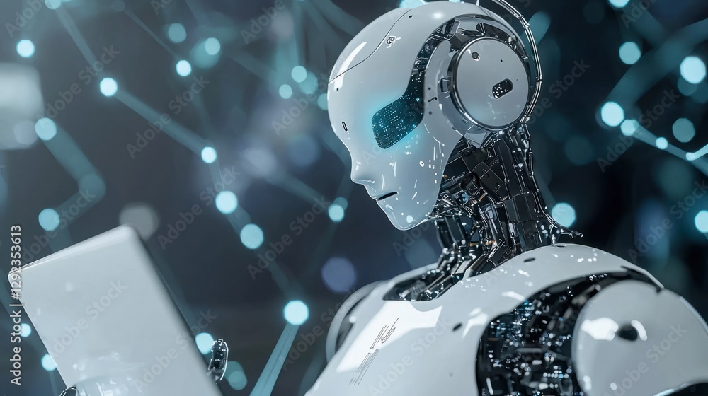 Poster futuristic robot interacting with technology in digital environment