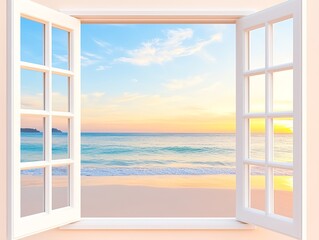 A seaside sunset from an open window offers a relaxed and timeless view
