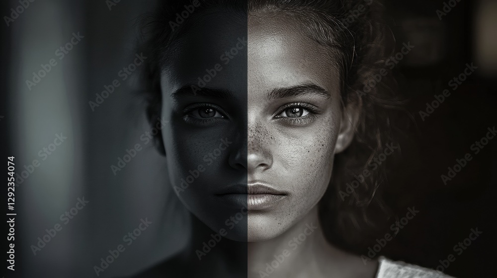 Leinwandbilder before and after mood transformation showing a grayscale sad expression shifting to a bright and ser