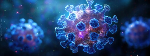Futuristic Photorealistic Virus Cell Representation with Blue Lighting and Macro Lens Perspective