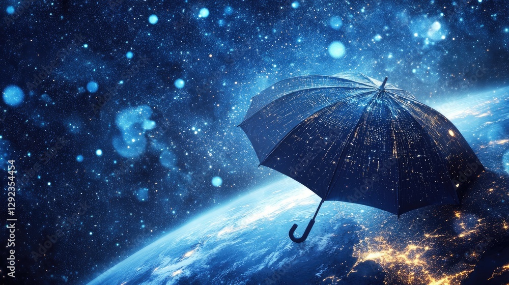 Poster a futuristic data-driven umbrella spreading over the world, symbolizing blockchain security and ai i