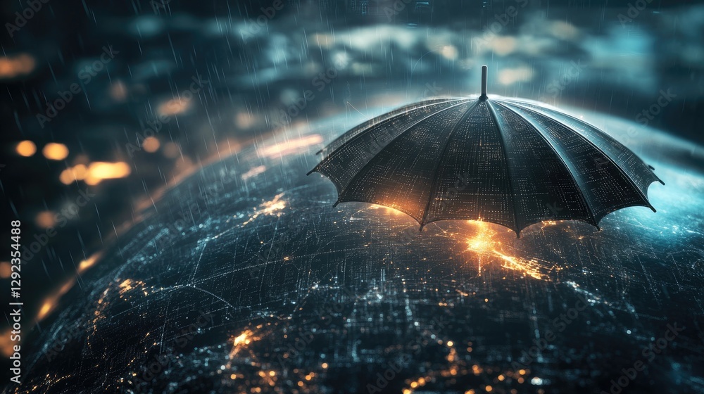 Poster a futuristic data-driven umbrella spreading over the world, symbolizing blockchain security and ai i