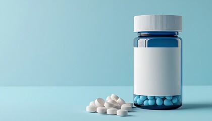 Pills bottle, blue background, healthcare