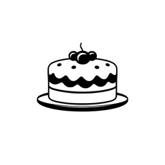 A Minimalist Black and White Illustration of a Two-Layer Cake with Cherries on a Plate