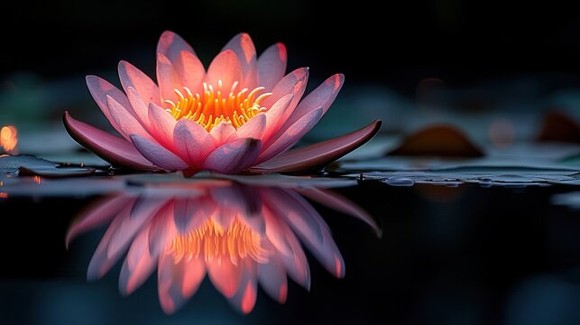 Illuminated water lily reflecting in dark pond, night
