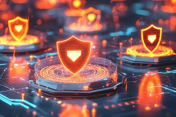 A conceptual design a secure cloud network with floating encrypted layers and glowing shield icons.