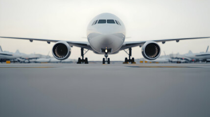 Obraz premium Airplane taxiing on runway, other planes in background, travel concept
