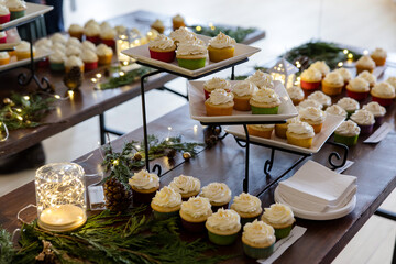 Wedding cupcake table with beautiful Christmas lights and decorations