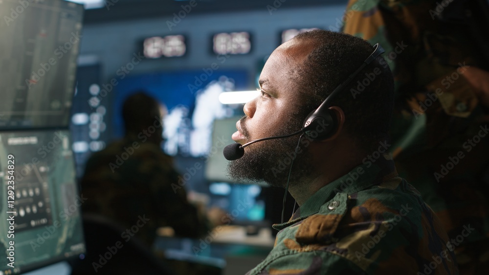 Poster army telecommunication systems operator using radio and satellite gear, providing combat support. mi