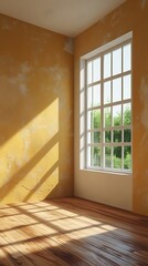 Obraz premium A sunlit room with a large window, warm yellow textured walls, and wooden flooring. The natural light casts soft shadows, creating a cozy and rustic atmosphere perfect for design backgrounds.