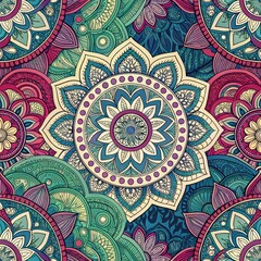 Intricate Floral Mandala Seamless Pattern Vibrant Colors Digital Art Decorative Design Close-up View Visual Harmony
