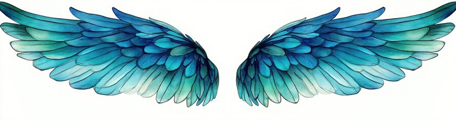 Fototapeta premium Turquoise Green Violet Wings Watercolor Art Elegant Nature Fantasy Avian Beauty Spiritual Feather Design
