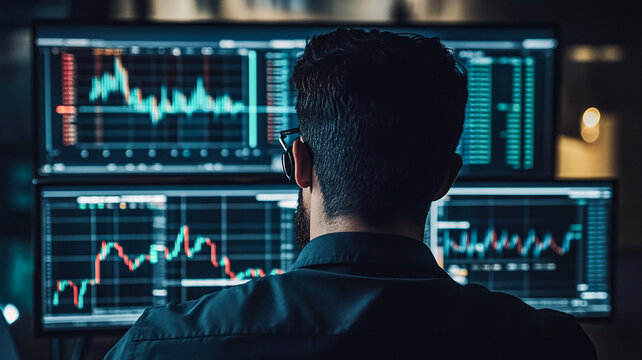 Man analyzing stock market data intense focus late night trading