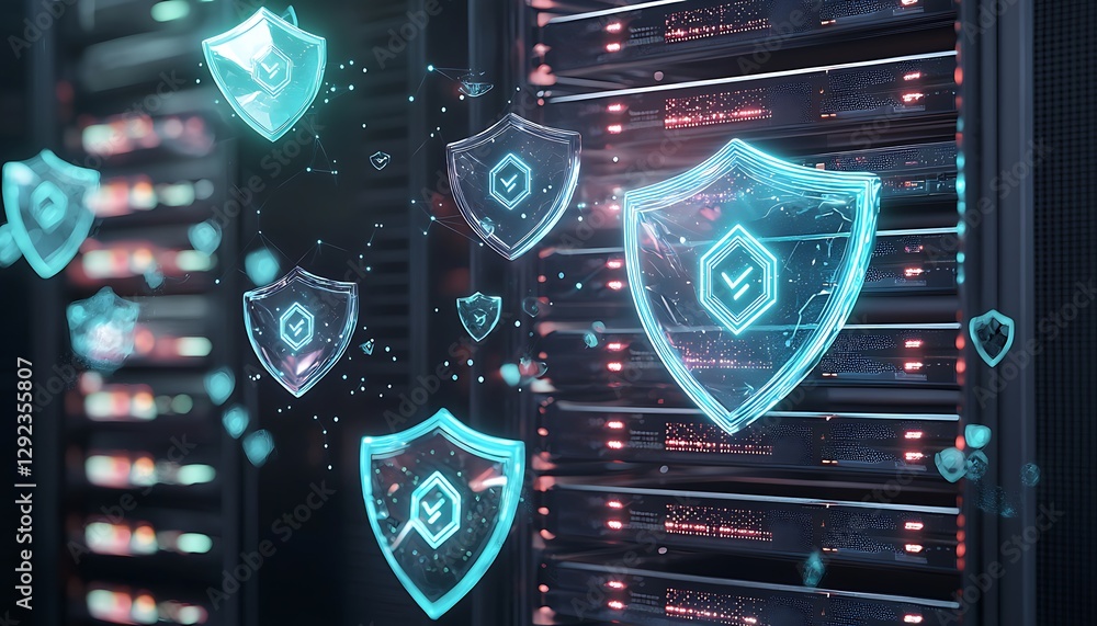 Poster a conceptual design cloud encryption with glowing holographic shields and floating encrypted symbols