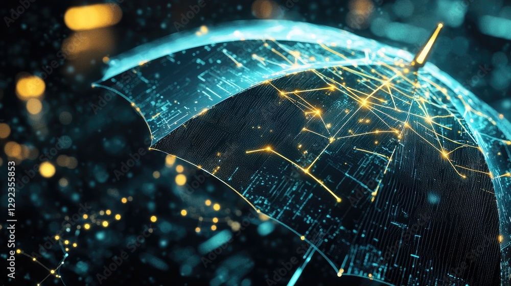 Poster a futuristic umbrella with digital nodes and ai circuits spreading over the earth, representing tech
