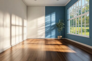 Obraz premium Half Renovated Modern Interior Design Room with Blue and White Walls and Natural Light