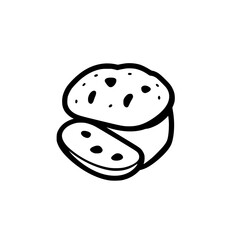 Black and White illustration of a round bread cut in half, on a white background.