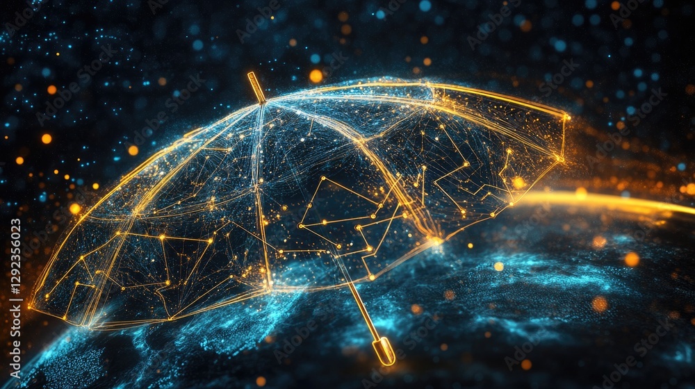 Poster a futuristic umbrella with digital nodes and ai circuits spreading over the earth, representing tech