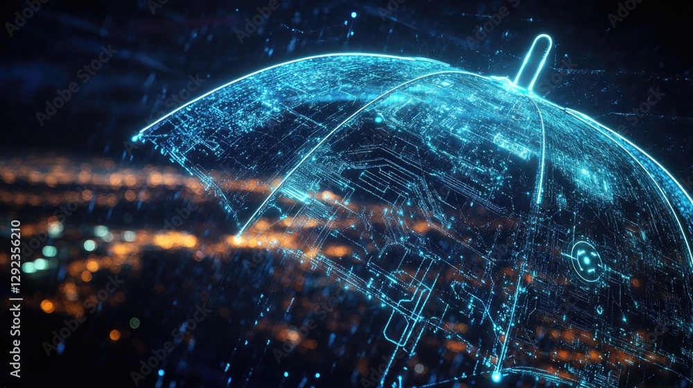 Poster a futuristic umbrella with digital nodes and ai circuits spreading over the earth, representing tech