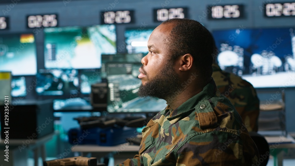 Aufkleber officer doing tasks in military base, planning, analyzing and gathering information on enemy troops.