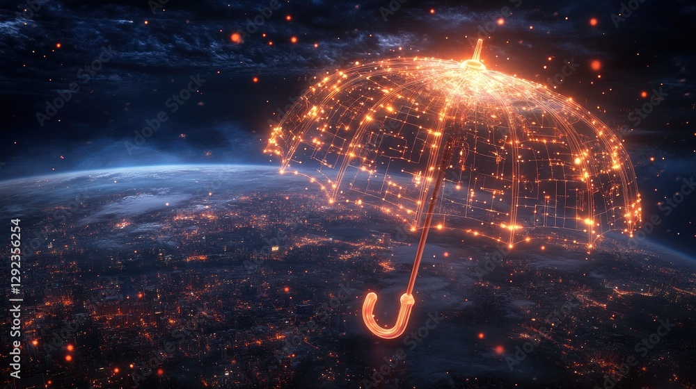 Poster a futuristic umbrella with digital nodes and ai circuits spreading over the earth, representing tech
