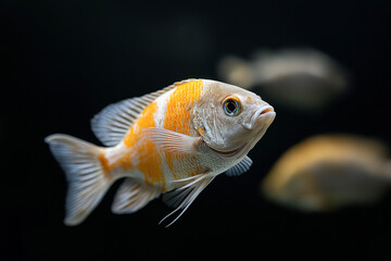 Fototapeta premium Colorful fish swimming gracefully in dark aquarium water during a tranquil moment
