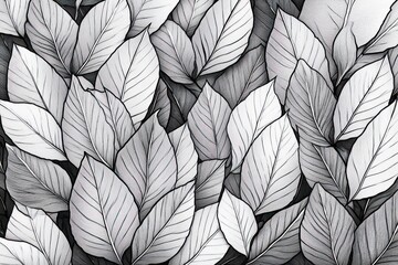 Elegant Floral and Leaf Pattern Art Print in Black and White with Delicate Line Art and Soft Shading