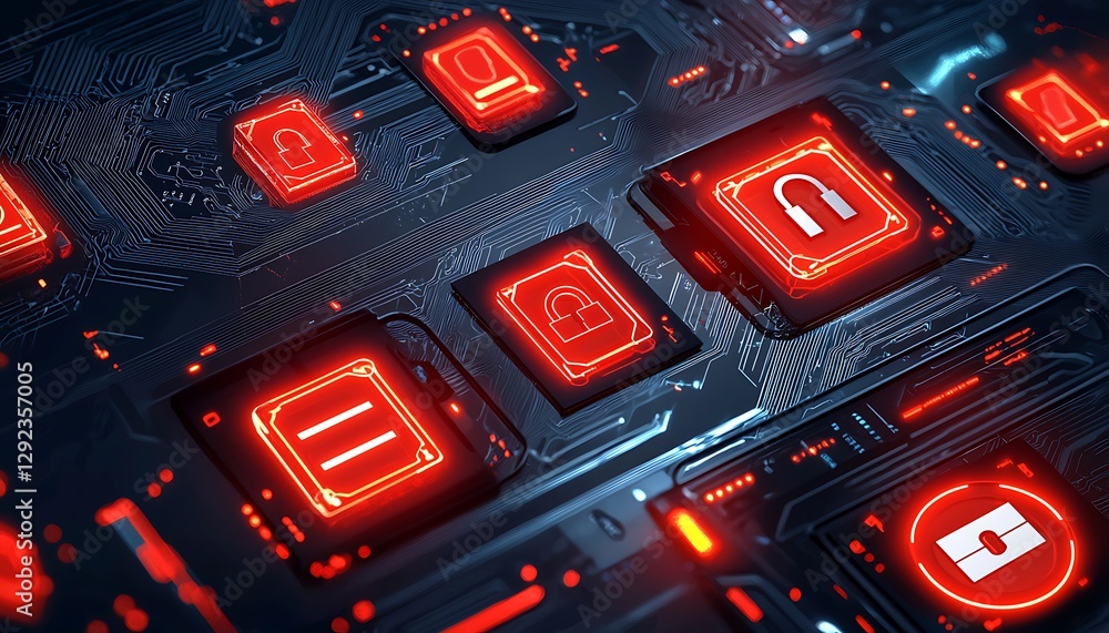 Poster a conceptual design ransomware with glowing red lock icons and encrypted visuals in a cyber-themed d