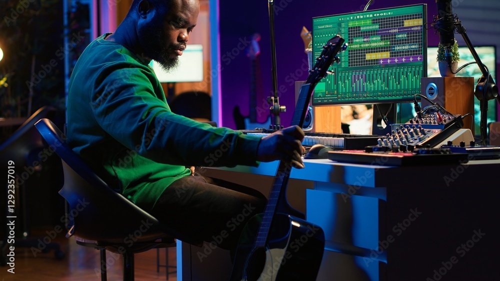 Leinwandbilder creative songwriter singing a melody and playing guitar, signal processing technology with digital a