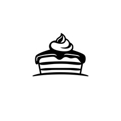 Minimalist black and white illustration of a delicious piece of cake with frosting on white background.