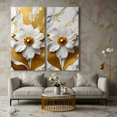 Luxurious Marble Floral Wall Art with Golden Details. Wall decoration, wallpaper, 3 panels, white flowers with golden petals, marble background