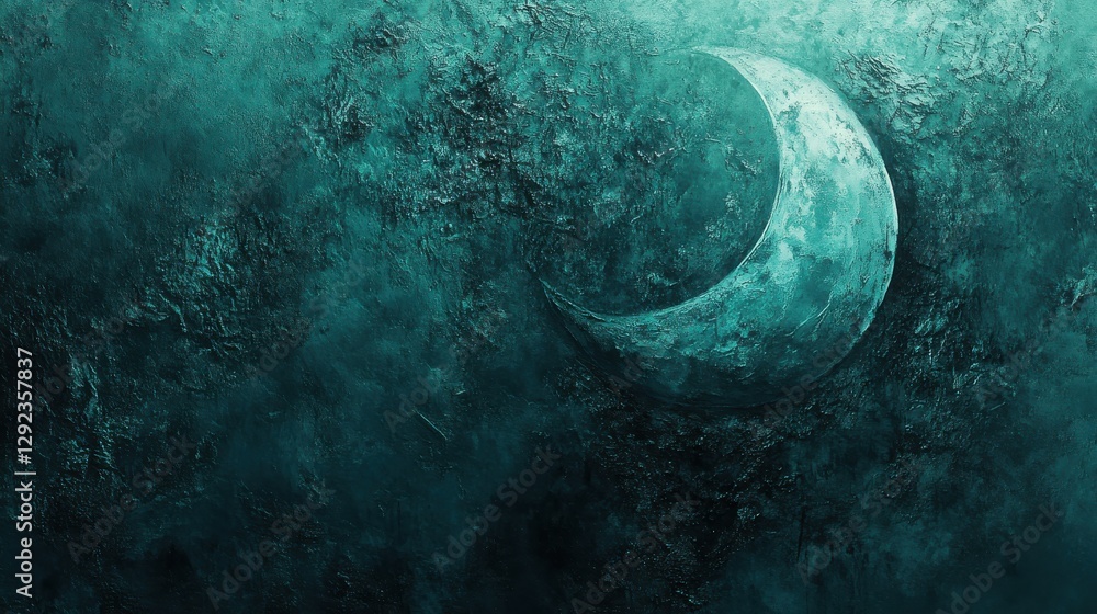 Poster ethereal crescent moon in deep teal background with textured surface and mystical atmosphere for art